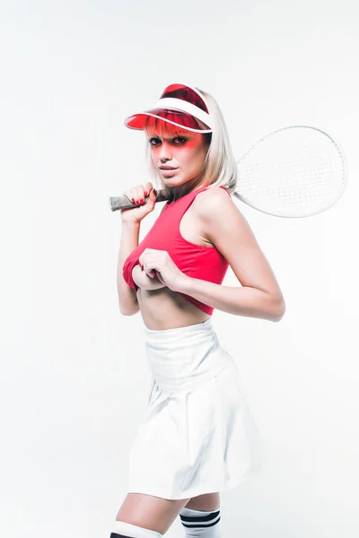 Mujer en ropa deportiva con raqueta de tenis - foto de stock