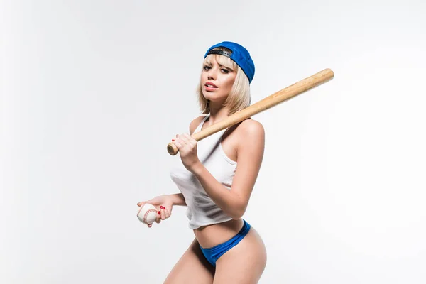 Donna sensuale con attrezzatura da baseball — Foto stock