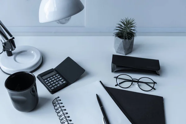 Lieu de travail avec lampe de table et usine — Photo de stock