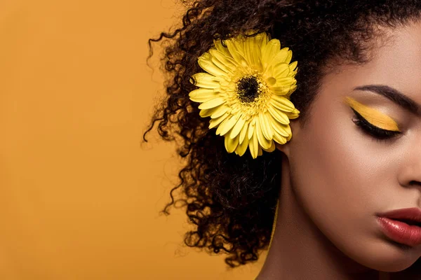 Retrato de cerca de una joven afroamericana sensual con maquillaje artístico y gerberas en pelo aislado sobre fondo naranja - foto de stock