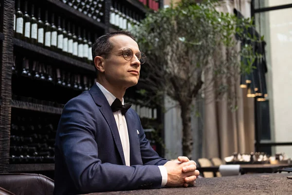 Homem adulto em terno elegante sentado no restaurante na frente de prateleiras de armazenamento de vinho — Fotografia de Stock