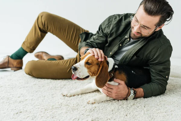 Hombre guapo acostado en la alfombra y palming lindo beagle - foto de stock