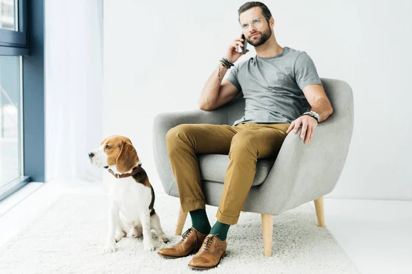 Homem sentado em poltrona e falando por smartphone, cão sentado perto — Stock Photo