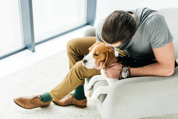 Vista ad alto angolo di uomo palming cute beagle sulla poltrona — Foto stock