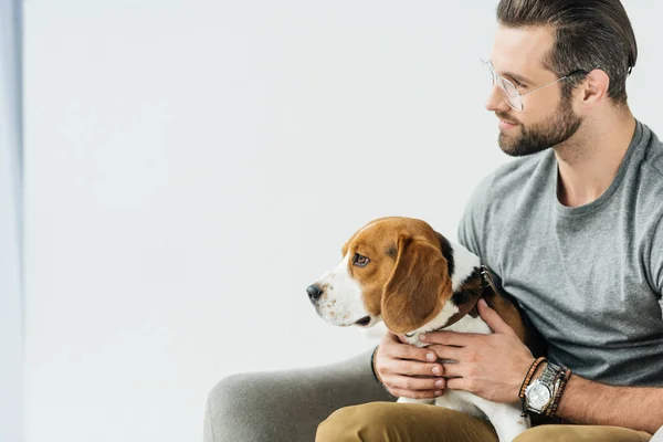 Vista lateral do homem bonito sentado na poltrona com beagle bonito — Fotografia de Stock