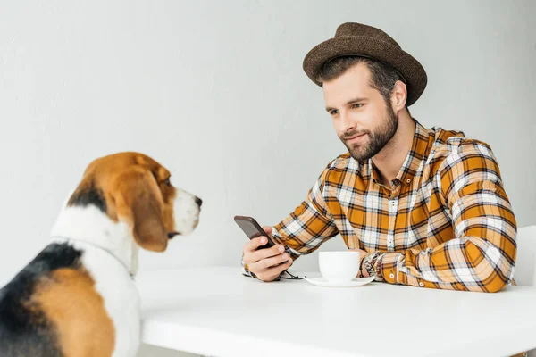 Homem sentado à mesa e olhando para bonito beagle — Fotografia de Stock