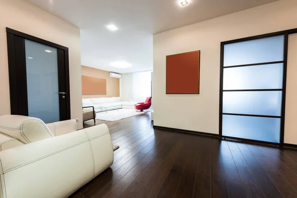 View of empty modern corridor with wooden floor — Stock Photo