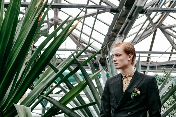 Portrait of fashionable young red hair man in glasshouse — Stock Photo