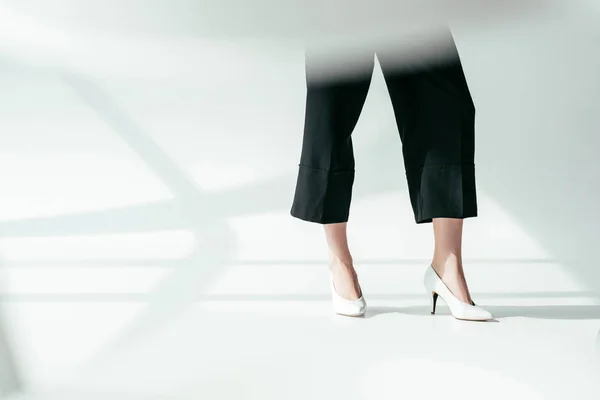 Close-up view of woman wearing white heel shoes — Stock Photo