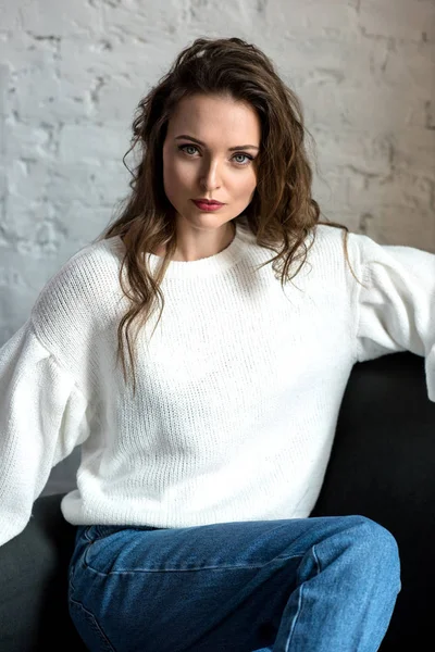 Portrait of beautiful sensual brunette girl looking at camera — Stock Photo