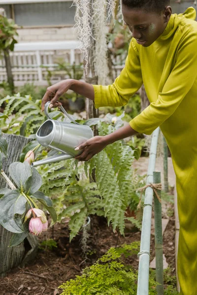 Ragazza afro-americana alla moda che innaffia piante tropicali in serra — Foto stock