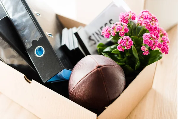 Box with folders and rugby ball by flower in pot — Stock Photo