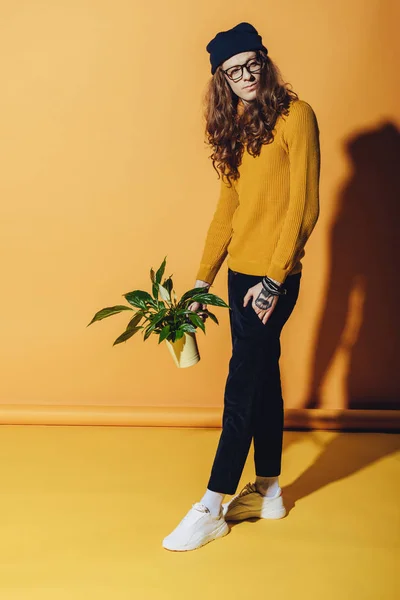 Uomo bello alla moda con capelli lunghi che tengono pianta in vaso, su giallo — Foto stock