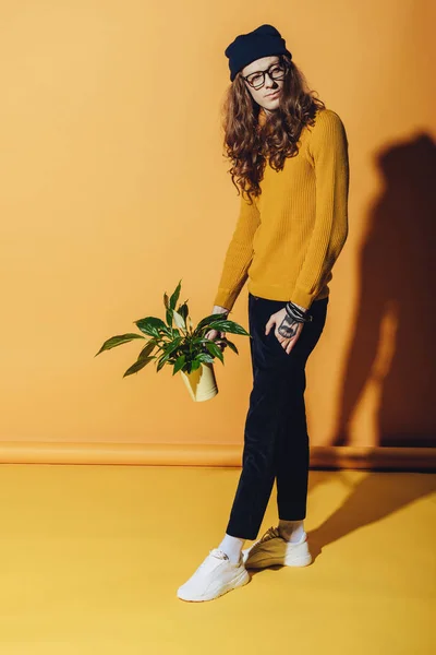 Homem bonito na moda com cabelo longo segurando planta envasada, no amarelo — Fotografia de Stock