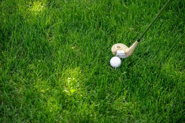 Close up view of golf club and ball on green grass — Stock Photo