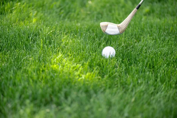 Close up view of white golf ball and club on green lawn — Stock Photo