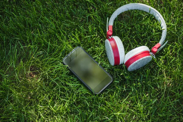 Vista de perto do smartphone com tela em branco e fones de ouvido na grama verde — Fotografia de Stock