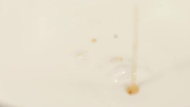 Honing of siroop gegoten in melk. Langzame beweging, close-up — Stockvideo
