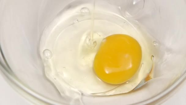 Un œuf de poulet est cassé dans un bol en verre, au ralenti — Video