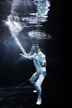 a male fencer fighting underwater with an sabre clipart