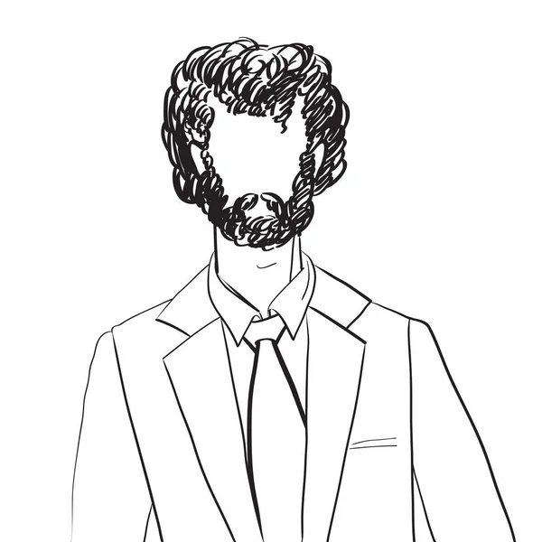 Hand drawn artistic illustration of an anonymous avatar of a young curly man in an office suit, web profile doodle isolated on white