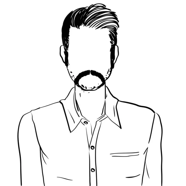 Hand drawn artistic illustration of an anonymous avatar of a young man with moustache in an informal shirt, web profile doodle isolated on white