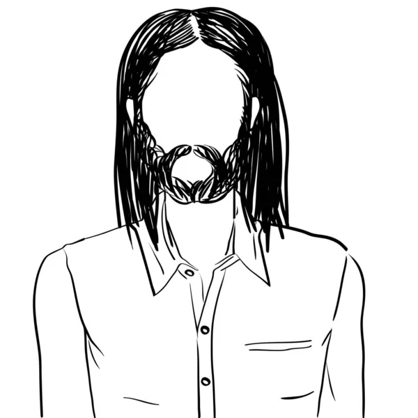 Hand drawn artistic illustration of an anonymous avatar of a young man with long hair and beard in an informal shirt, web profile doodle isolated on white