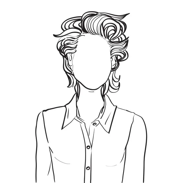 Hand drawn artistic illustration of an anonymous avatar of a young woman with fancy short wavy hairstyle in a casual shirt, web profile doodle isolated on white