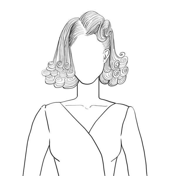 Hand drawn artistic illustration of an anonymous avatar of a young woman with a fancy fourties hairstyle, web profile doodle isolated on white