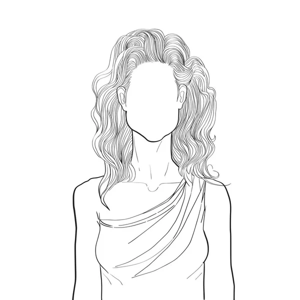 Hand drawn artistic illustration of an anonymous avatar of a caucasian young woman with wavy coiffure in a neoclassical outfit, web profile doodle isolated on white