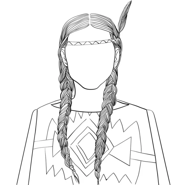 Hand drawn artistic illustration of an anonymous avatar of an indian american young woman with braids in a traditional outfit, web profile doodle isolated on white