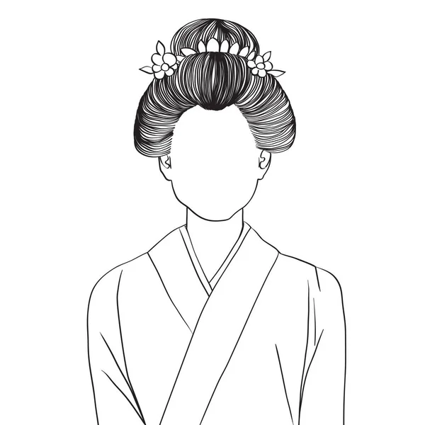 一个穿着传统服饰的亚洲年轻女子的匿名形象的手绘艺术图 她穿着传统服饰 用白色的网纹涂鸦隔离着 — 图库照片