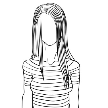 El çizimi, uzun saçlı, çizgili tişörtlü, web profili karalaması beyaz üzerine izole edilmiş, isimsiz bir kadın avatarı.