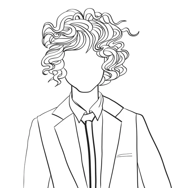 手描きのスケッチイラストの無名のアバターの若い女性の波状の短い髪で男のオフィススーツ ウェブプロフィールドアは白に隔離 — ストック写真