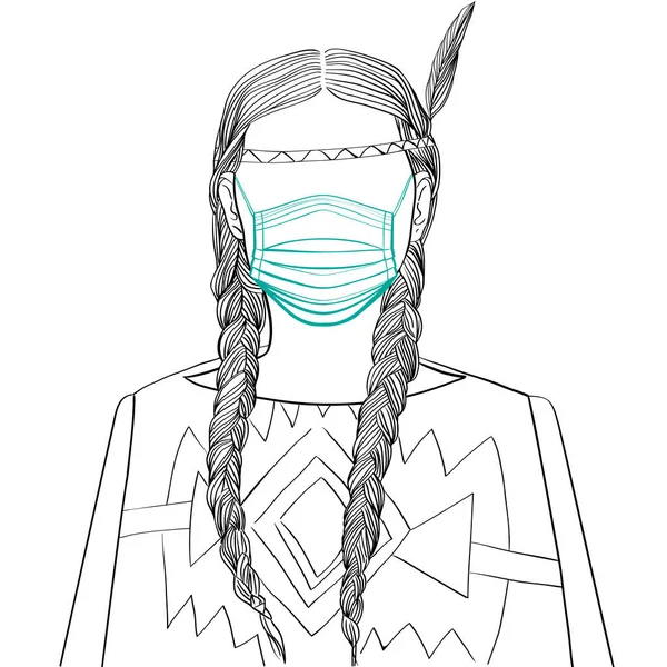伝統的な衣装を着たインド系アメリカ人の若い女性の無名のアバターの手描きの芸術的なイラスト 医療マスクを身に着けています 白い上に隔離されたウェブプロフィールのドア — ストック写真
