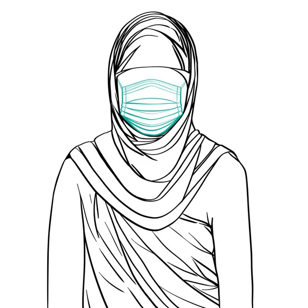 Hand drawn artistic illustration of an anonymous avatar of a middle eastern woman in a traditional outfit, wearing a medical mask, web profile doodle isolated on white