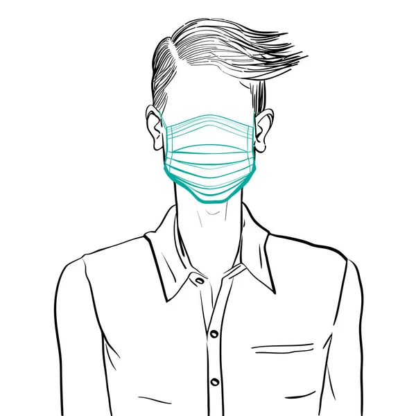 Hand drawn artistic illustration of an anonymous avatar of a young man with comb over hairstyle in an informal shirt, wearing a medical mask, web profile doodle isolated on white