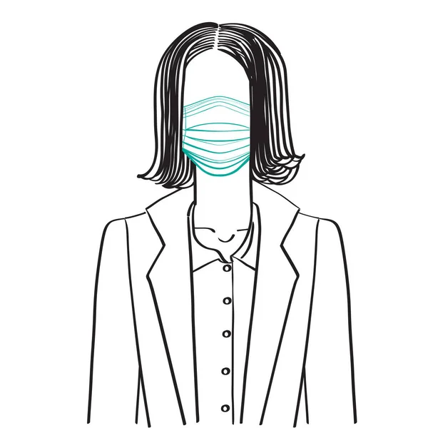 Hand drawn sketch illustration of an anonymous avatar of a young woman in an office suit, wearing a medical mask, web profile doodle isolated on white