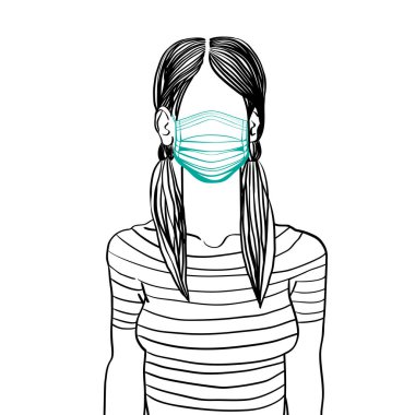 El çizimi sanatsal taslak, tişörtlü, tıbbi maske takan, web profili karalaması beyaz üzerine izole edilmiş, iki kuyruklu genç bir kadının anonim avatarını gösteriyor.