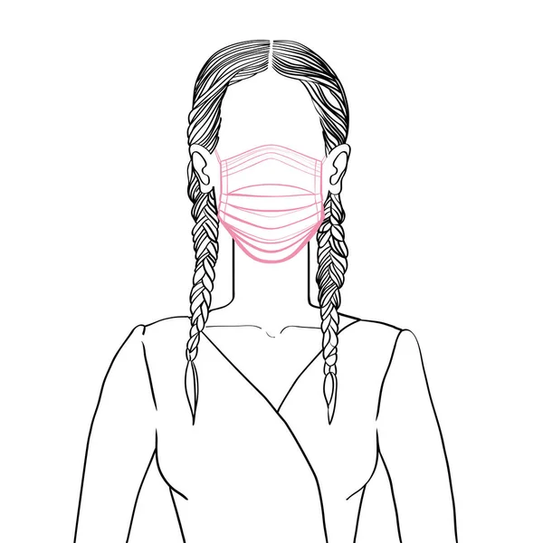 손으로 예술적 스케치 머리를 드레스를 의학용 마스크를 여성의 익명의 아바타 — 스톡 사진