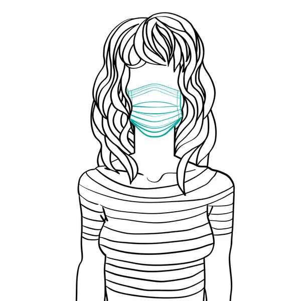 Hand drawn artistic sketch illustration of an anonymous avatar of a young woman with wavy long hair, in a t-shirt, wearing a medical mask, web profile doodle isolated on white