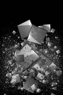 Uzayda birçok küpün 3 boyutlu görüntülenmesi, patlamadan sonra küplerin dağılması ve uzayda rastgele sıralanması