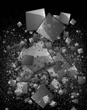 Uzayda birçok küpün 3 boyutlu görüntülenmesi, patlamadan sonra küplerin dağılması ve uzayda rastgele sıralanması