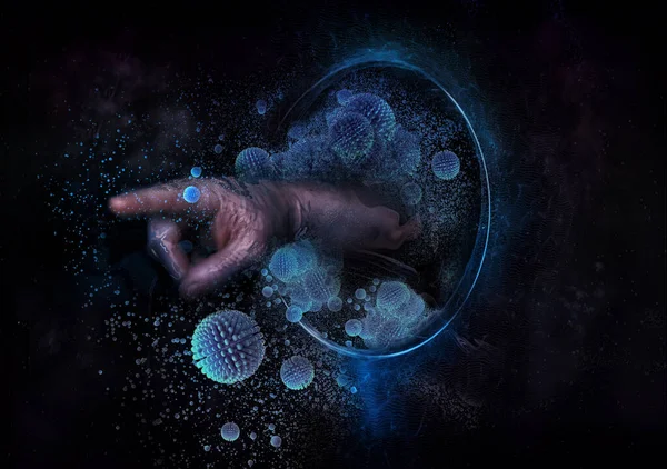 Vírussejtek Jönnek Egy Fekete Lyukból Űrben Egy Kéz Mutat Egy — Stock Fotó