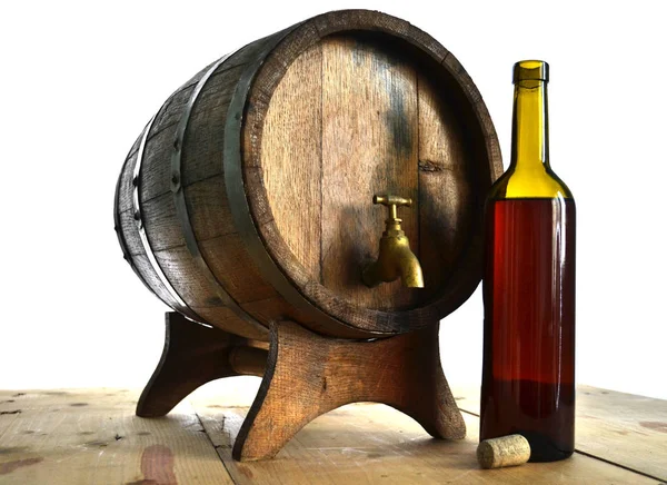 Background of barrel and worn old table of wood — Stock Photo, Image