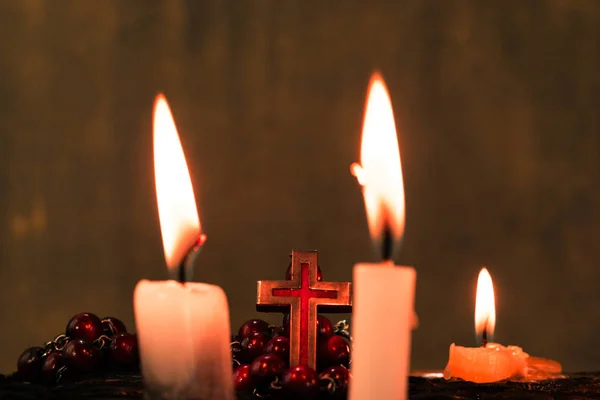 Candles Old Wooden Burnt Table Beautiful Dark Background Religious Concept — Stock Photo, Image