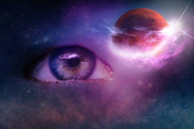 Soyut göz kavramını kapat ve sonsuz uzay arka planında Mars 'ın dünya nebulası tozuna bak. Karışık ortam.