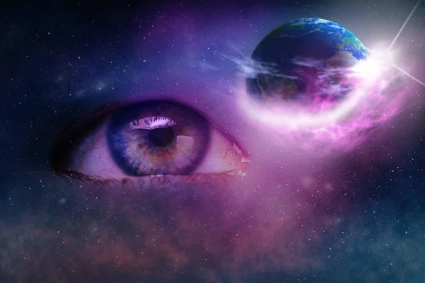 Close Abstract Eye Concept Looking Earth World Nebula Dust Infinite — Stock Photo, Image