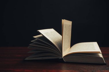 Kırmızı ahşap bir masa üzerinde bir açık eski kitap. Güzel koyu arka plan.