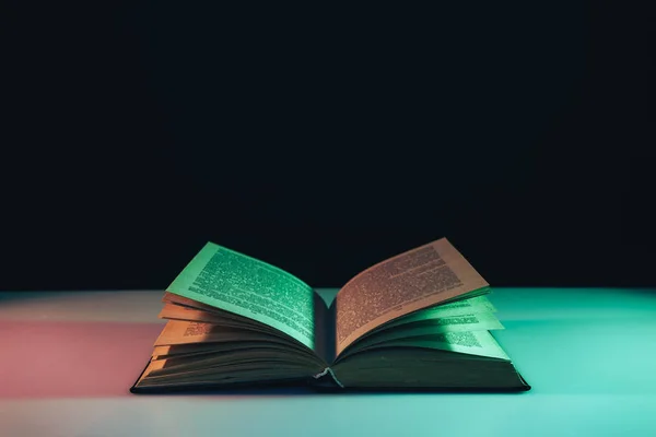 Beautiful Open Old Book Color Light Table Night Background — Stock Photo, Image